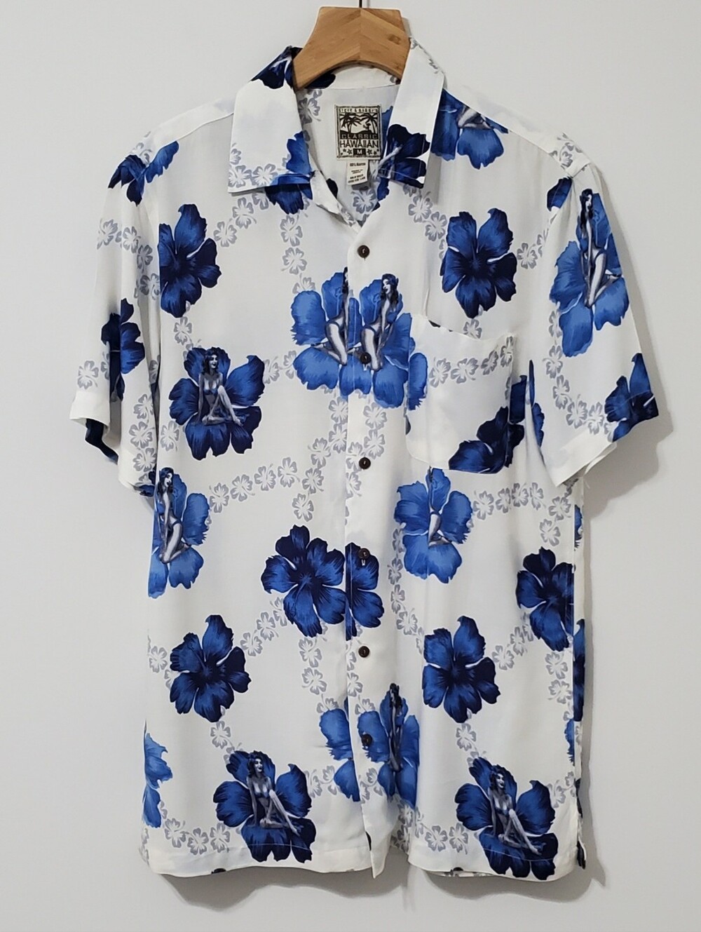 Steve & Barrys Classic Hawaiian Shirt Sleeve Shirt Blue Hibiscus Print Medium